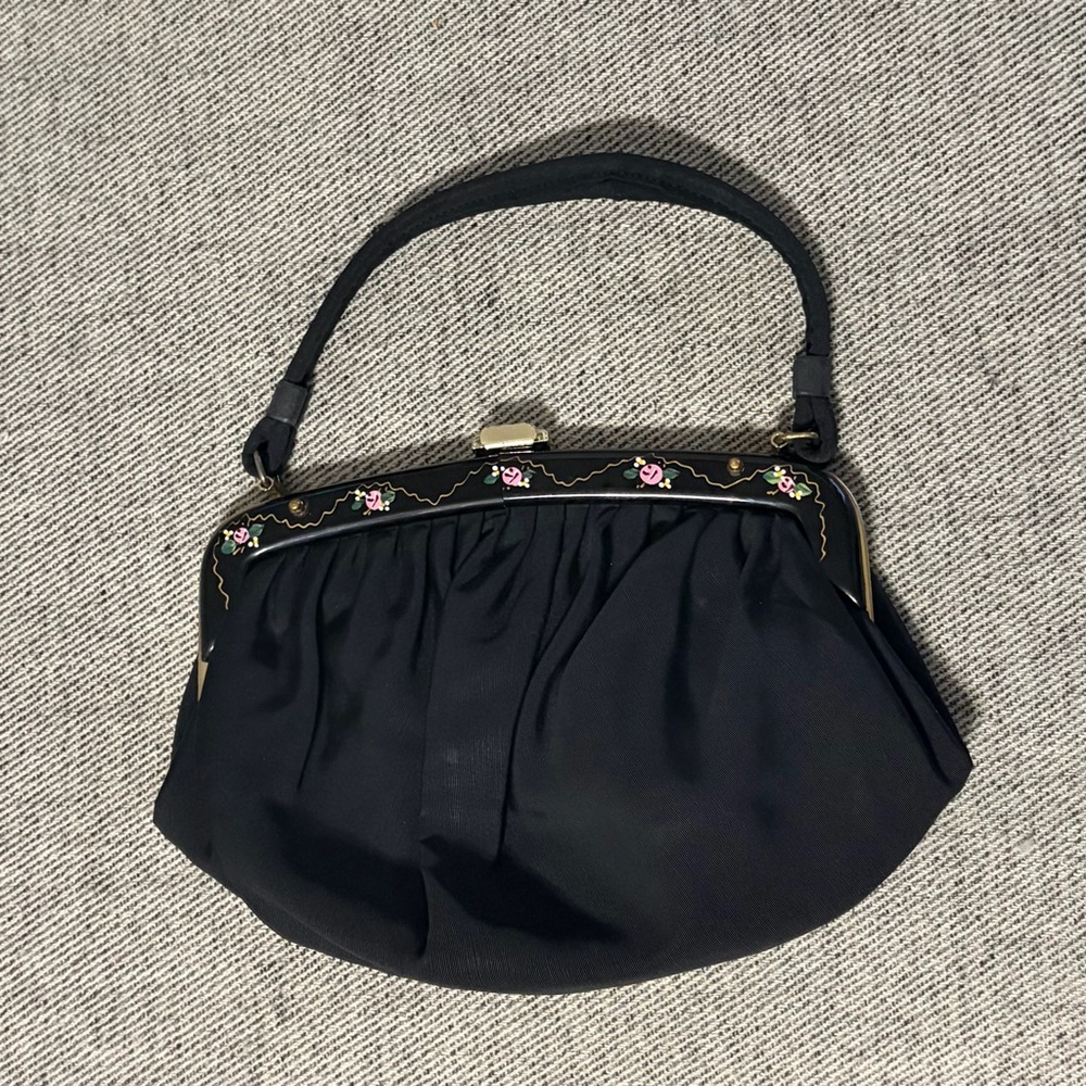 Vintage 1950/1960s Paray Black Women's purse with hand painted floral detailing